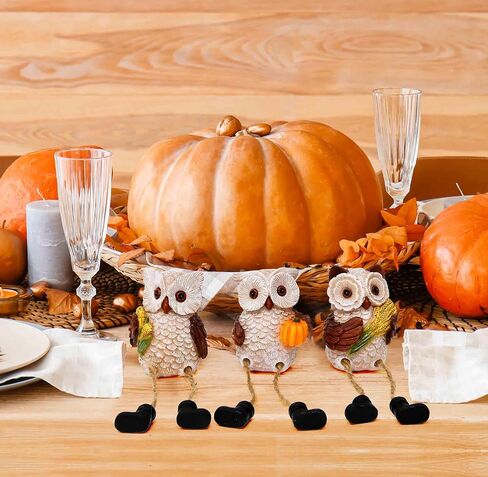 Gift Boutique Thanksgiving Owl Figurines Set of 3 Fall Shelf Sitters Dangling Legs Wheat Pumpkin Corn Autumn Harvest Sculpture Kitchen Tabletop Decor in Saudi Arabia