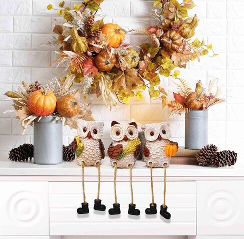 Gift Boutique Thanksgiving Owl Figurines Set of 3 Fall Shelf Sitters Dangling Legs Wheat Pumpkin Corn Autumn Harvest Sculpture Kitchen Tabletop Decor in Saudi Arabia