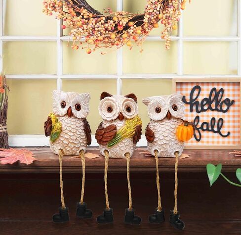 Gift Boutique Thanksgiving Owl Figurines Set of 3 Fall Shelf Sitters Dangling Legs Wheat Pumpkin Corn Autumn Harvest Sculpture Kitchen Tabletop Decor in Saudi Arabia