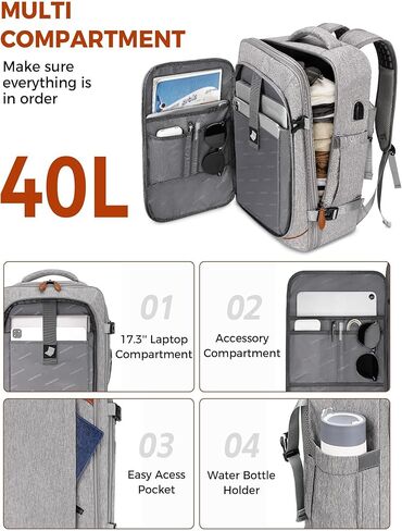 حقيبة ظهر Vancropak للحمل، حقيبة ظهر للسفر معتمدة من الطيران مع 3 مكعبات تعبئة، حقيبة سفر شخصية قابلة للتوسيع تناسب كمبيوتر محمول مقاس 17.3 بوصة، حقيبة أمتعة مضادة للسرقة في عطلة نهاية الأسبوع للنساء والرجال، رمادي in Kuwait