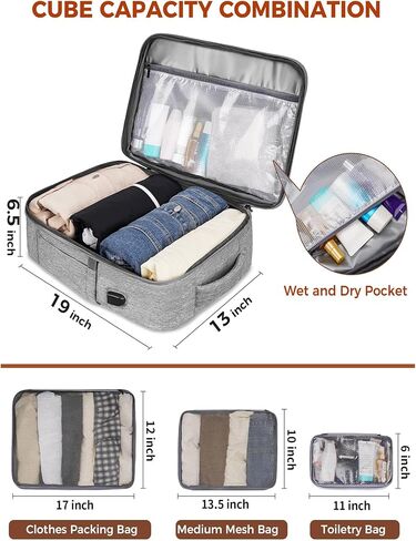 حقيبة ظهر Vancropak للحمل، حقيبة ظهر للسفر معتمدة من الطيران مع 3 مكعبات تعبئة، حقيبة سفر شخصية قابلة للتوسيع تناسب كمبيوتر محمول مقاس 17.3 بوصة، حقيبة أمتعة مضادة للسرقة في عطلة نهاية الأسبوع للنساء والرجال، رمادي in Kuwait