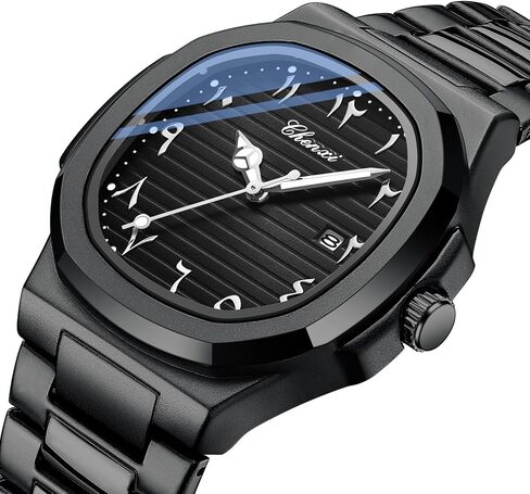 MASTOP Stainless Steel Watch for Men with Middle Eastern Arabic Numeral Dial Green Square Face Luminous Hands Date Display Waterproof Minimalist and Stylish Design in Saudi Arabia