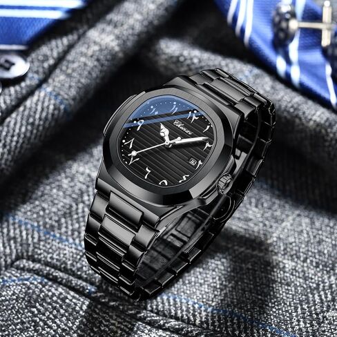 MASTOP Stainless Steel Watch for Men with Middle Eastern Arabic Numeral Dial Green Square Face Luminous Hands Date Display Waterproof Minimalist and Stylish Design in Saudi Arabia