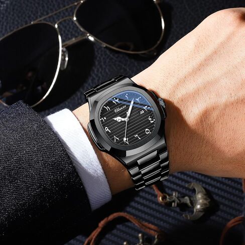 MASTOP Stainless Steel Watch for Men with Middle Eastern Arabic Numeral Dial Green Square Face Luminous Hands Date Display Waterproof Minimalist and Stylish Design in Saudi Arabia