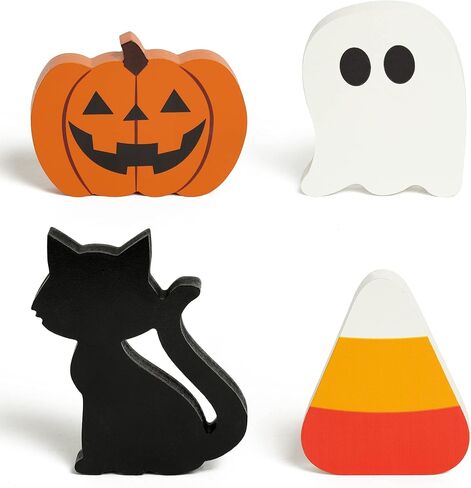 WATINC 4pcs Halloween Tiered Tray Sign Wooden Table Decor Items, Happy Halloween Party Trick or Treat Black Cat Pumpkin Ghost Wood Centerpiece Table Decoration, Fall Rustic Farmhouse Tabletop Décor in Saudi Arabia