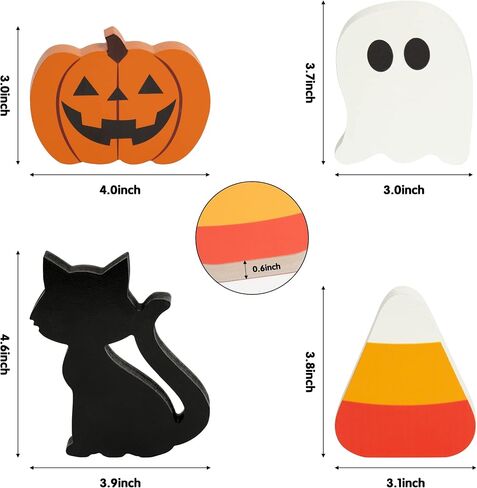 WATINC 4pcs Halloween Tiered Tray Sign Wooden Table Decor Items, Happy Halloween Party Trick or Treat Black Cat Pumpkin Ghost Wood Centerpiece Table Decoration, Fall Rustic Farmhouse Tabletop Décor in Saudi Arabia