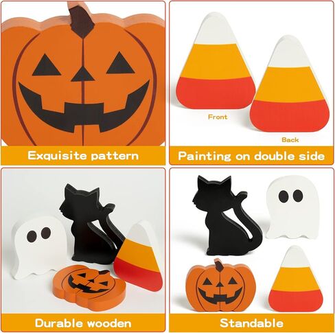 WATINC 4pcs Halloween Tiered Tray Sign Wooden Table Decor Items, Happy Halloween Party Trick or Treat Black Cat Pumpkin Ghost Wood Centerpiece Table Decoration, Fall Rustic Farmhouse Tabletop Décor in Saudi Arabia