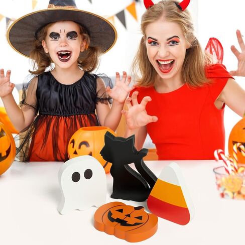 WATINC 4pcs Halloween Tiered Tray Sign Wooden Table Decor Items, Happy Halloween Party Trick or Treat Black Cat Pumpkin Ghost Wood Centerpiece Table Decoration, Fall Rustic Farmhouse Tabletop Décor in Saudi Arabia