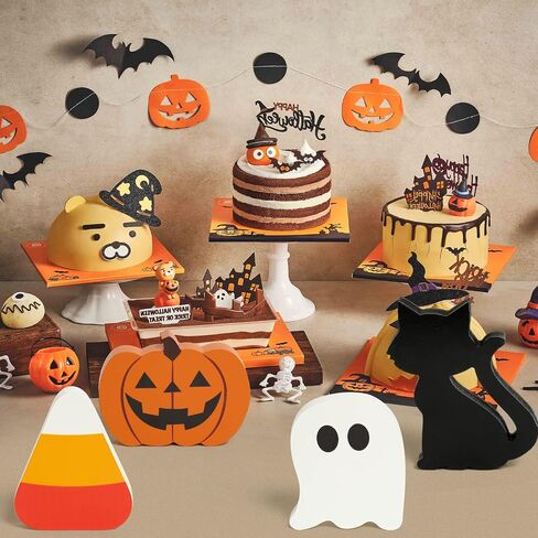 WATINC 4pcs Halloween Tiered Tray Sign Wooden Table Decor Items, Happy Halloween Party Trick or Treat Black Cat Pumpkin Ghost Wood Centerpiece Table Decoration, Fall Rustic Farmhouse Tabletop Décor in Saudi Arabia