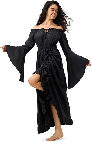 Renaissance Dress Women's Halloween Costume - Convertible Maxi Dress Lace-up V-Neck, Bell Sleeves & High-Low Skirt in Kuwait