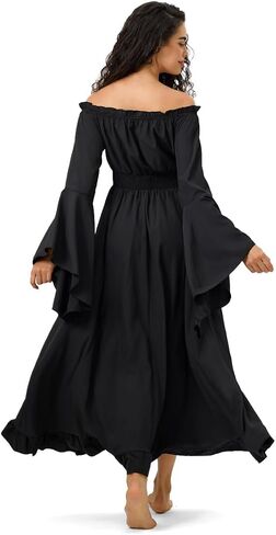 Renaissance Dress Women's Halloween Costume - Convertible Maxi Dress Lace-up V-Neck, Bell Sleeves & High-Low Skirt in Kuwait