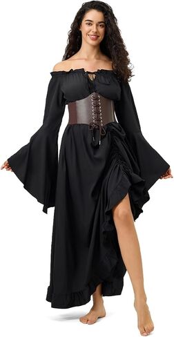 Renaissance Dress Women's Halloween Costume - Convertible Maxi Dress Lace-up V-Neck, Bell Sleeves & High-Low Skirt in Kuwait