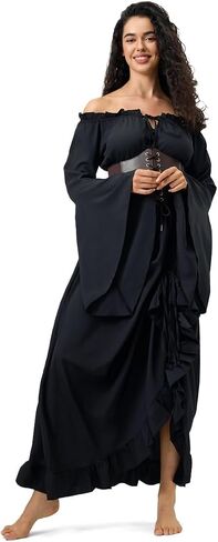 Renaissance Dress Women's Halloween Costume - Convertible Maxi Dress Lace-up V-Neck, Bell Sleeves & High-Low Skirt in Kuwait