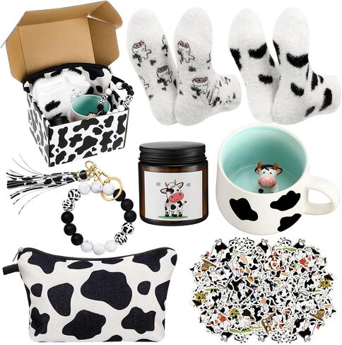 Honeydak Cow Gifts Set for Women Cow Printed Accessories Includes Makeup Bag Gift Box Cute Socks Keychain Mug Scented Candle Stickers for Christmas and Birthday Party Gifts in Saudi Arabia