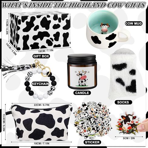 Honeydak Cow Gifts Set for Women Cow Printed Accessories Includes Makeup Bag Gift Box Cute Socks Keychain Mug Scented Candle Stickers for Christmas and Birthday Party Gifts in Saudi Arabia