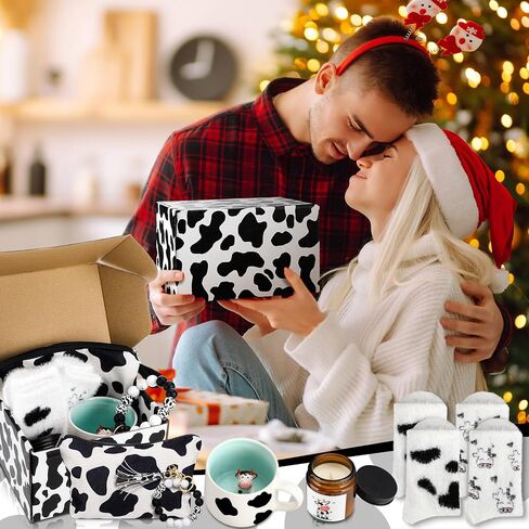 Honeydak Cow Gifts Set for Women Cow Printed Accessories Includes Makeup Bag Gift Box Cute Socks Keychain Mug Scented Candle Stickers for Christmas and Birthday Party Gifts in Saudi Arabia