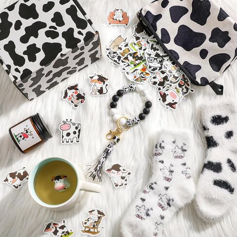Honeydak Cow Gifts Set for Women Cow Printed Accessories Includes Makeup Bag Gift Box Cute Socks Keychain Mug Scented Candle Stickers for Christmas and Birthday Party Gifts in Saudi Arabia