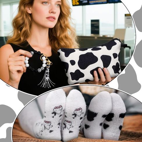 Honeydak Cow Gifts Set for Women Cow Printed Accessories Includes Makeup Bag Gift Box Cute Socks Keychain Mug Scented Candle Stickers for Christmas and Birthday Party Gifts in Saudi Arabia