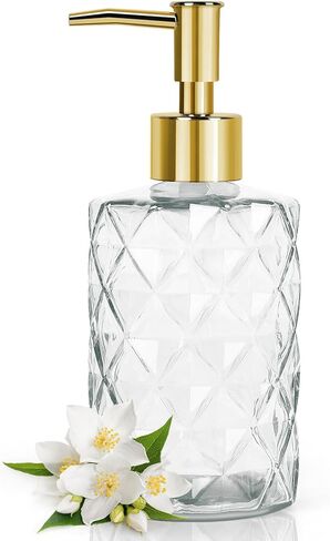 Topsky Stripe Glass Soap Dispenser with Black Plastic Pump, 400ml Liquid Hand Soap Dispenser, Rustproof Pump for Kitchen & Bathroom, Great for Lotions, Essential Oil, Liquid Soaps-Purple in Kuwait