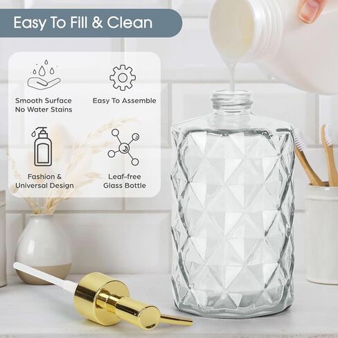 Topsky Stripe Glass Soap Dispenser with Black Plastic Pump, 400ml Liquid Hand Soap Dispenser, Rustproof Pump for Kitchen & Bathroom, Great for Lotions, Essential Oil, Liquid Soaps-Purple in Kuwait