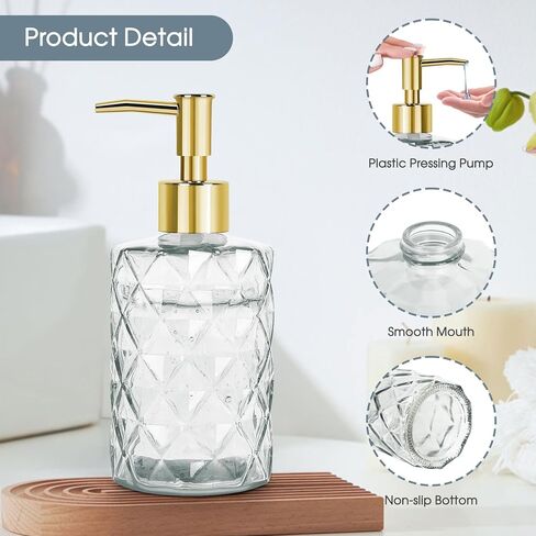 Topsky Stripe Glass Soap Dispenser with Black Plastic Pump, 400ml Liquid Hand Soap Dispenser, Rustproof Pump for Kitchen & Bathroom, Great for Lotions, Essential Oil, Liquid Soaps-Purple in Kuwait