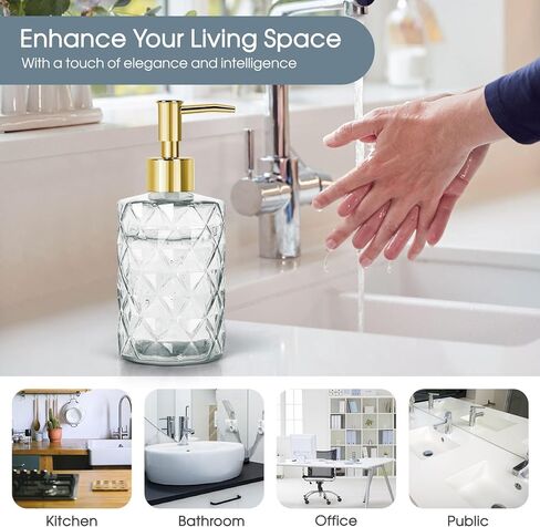 Topsky Stripe Glass Soap Dispenser with Black Plastic Pump, 400ml Liquid Hand Soap Dispenser, Rustproof Pump for Kitchen & Bathroom, Great for Lotions, Essential Oil, Liquid Soaps-Purple in Kuwait