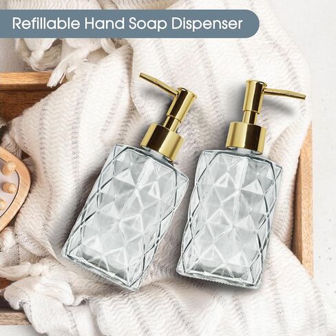 Topsky Stripe Glass Soap Dispenser with Black Plastic Pump, 400ml Liquid Hand Soap Dispenser, Rustproof Pump for Kitchen & Bathroom, Great for Lotions, Essential Oil, Liquid Soaps-Purple in Kuwait