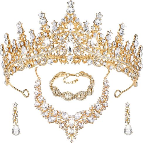 Inbagi 4 Pcs Quinceanera Crowns Costume Jewelry Sets Bride Wedding Crystal Queen Crowns Rhinestone Necklace Dangle Earrings Link Bracelet Set (Gold) in Saudi Arabia
