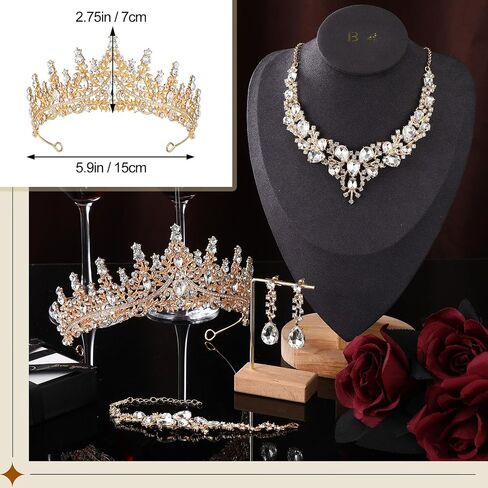 Inbagi 4 Pcs Quinceanera Crowns Costume Jewelry Sets Bride Wedding Crystal Queen Crowns Rhinestone Necklace Dangle Earrings Link Bracelet Set (Gold) in Saudi Arabia
