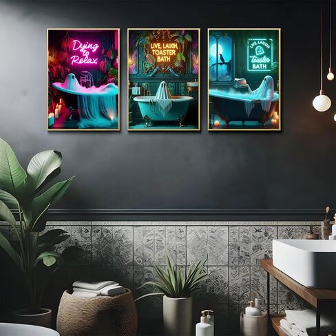 3 Pcs Halloween Ghost Neon Bathroom Canvas Wall Art Neon Sign Dying To Relax Wall Decor Pictures Funny Gothic Ghost Toaster Posters Prints for Restroom Dark Humor indie room Home Decortion Unframed in Saudi Arabia