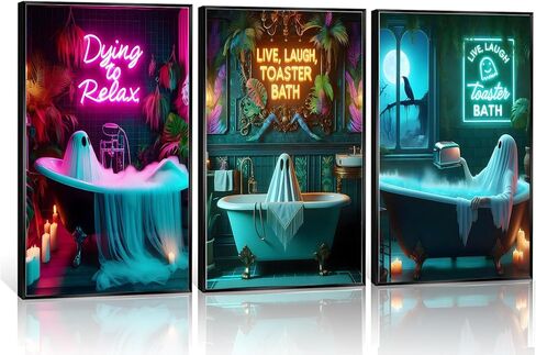 3 Pcs Halloween Ghost Neon Bathroom Canvas Wall Art Neon Sign Dying To Relax Wall Decor Pictures Funny Gothic Ghost Toaster Posters Prints for Restroom Dark Humor indie room Home Decortion Unframed in Saudi Arabia