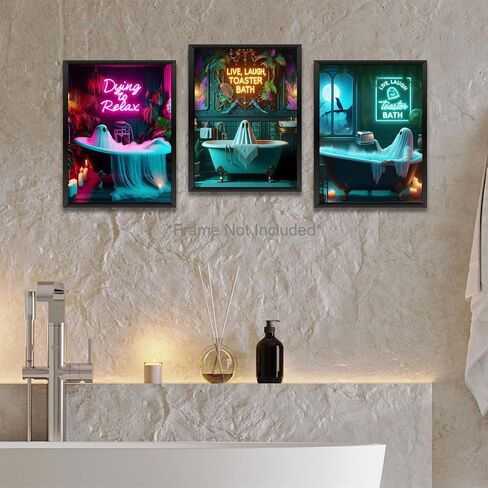 3 Pcs Halloween Ghost Neon Bathroom Canvas Wall Art Neon Sign Dying To Relax Wall Decor Pictures Funny Gothic Ghost Toaster Posters Prints for Restroom Dark Humor indie room Home Decortion Unframed in Saudi Arabia