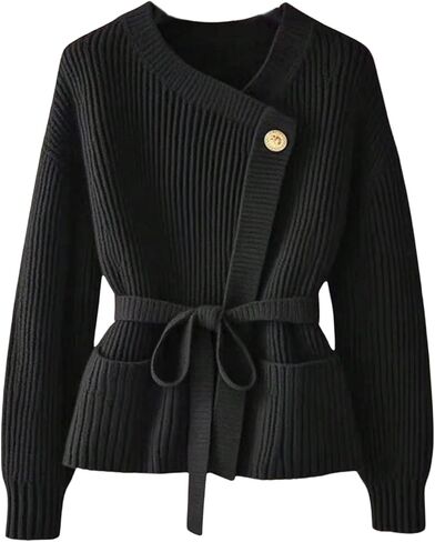 Verdusa Women's Old Money Ribbed Knit Cardigan Long Sleeve Asymmetrical Belted Sweaters in Saudi Arabia