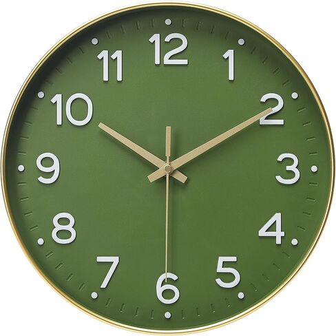 MEIRED Wall Clock 12 Inch Silent Non Ticking Battery Operated Round Wall Clock Modern Simple Style Decor Clock for Home/Office/School/Kitchen/Bedroom/Living Room, Olive Green and Gold in Saudi Arabia