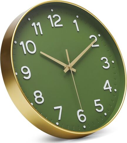 MEIRED Wall Clock 12 Inch Silent Non Ticking Battery Operated Round Wall Clock Modern Simple Style Decor Clock for Home/Office/School/Kitchen/Bedroom/Living Room, Olive Green and Gold in Saudi Arabia