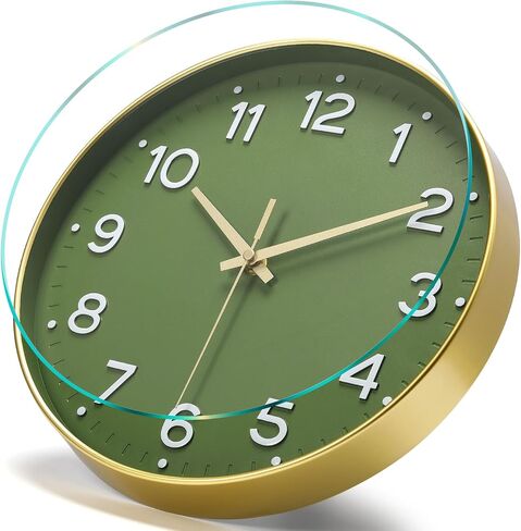MEIRED Wall Clock 12 Inch Silent Non Ticking Battery Operated Round Wall Clock Modern Simple Style Decor Clock for Home/Office/School/Kitchen/Bedroom/Living Room, Olive Green and Gold in Saudi Arabia