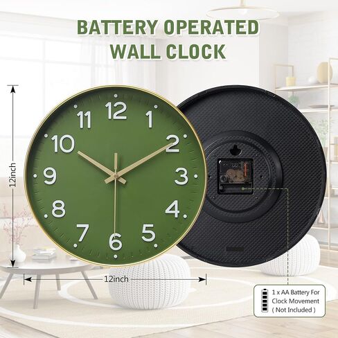 MEIRED Wall Clock 12 Inch Silent Non Ticking Battery Operated Round Wall Clock Modern Simple Style Decor Clock for Home/Office/School/Kitchen/Bedroom/Living Room, Olive Green and Gold in Saudi Arabia