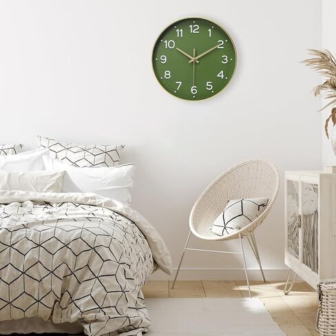MEIRED Wall Clock 12 Inch Silent Non Ticking Battery Operated Round Wall Clock Modern Simple Style Decor Clock for Home/Office/School/Kitchen/Bedroom/Living Room, Olive Green and Gold in Saudi Arabia