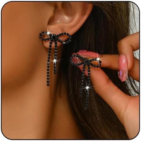 Bow Earrings for Women Rhinestone Long Tassel Dangling Earrings Sparkling Crystal Earrings Silver Prom Earring Chandelier Statement Tassel Earring Luxury Bridal Jewelry for Prom Wedding in Saudi Arabia