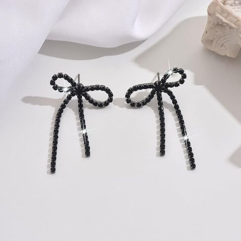 Bow Earrings for Women Rhinestone Long Tassel Dangling Earrings Sparkling Crystal Earrings Silver Prom Earring Chandelier Statement Tassel Earring Luxury Bridal Jewelry for Prom Wedding in Saudi Arabia