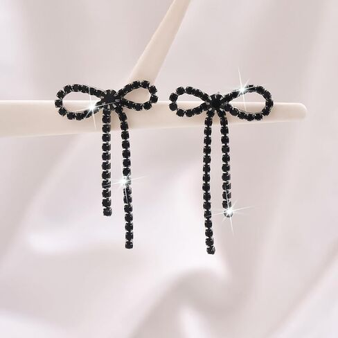 Bow Earrings for Women Rhinestone Long Tassel Dangling Earrings Sparkling Crystal Earrings Silver Prom Earring Chandelier Statement Tassel Earring Luxury Bridal Jewelry for Prom Wedding in Saudi Arabia