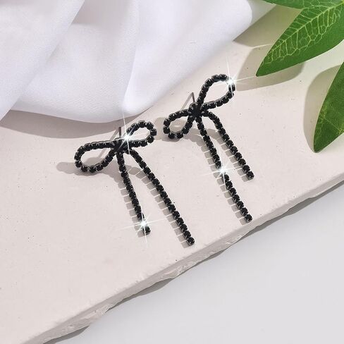 Bow Earrings for Women Rhinestone Long Tassel Dangling Earrings Sparkling Crystal Earrings Silver Prom Earring Chandelier Statement Tassel Earring Luxury Bridal Jewelry for Prom Wedding in Saudi Arabia