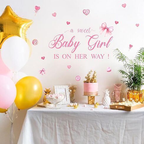 ملصقات لافتة لحفلات استقبال المولود الجديد Sweet Baby Girl is on Her Way مع زخارف على شكل فيونكة وردية على شكل قلب in Kuwait