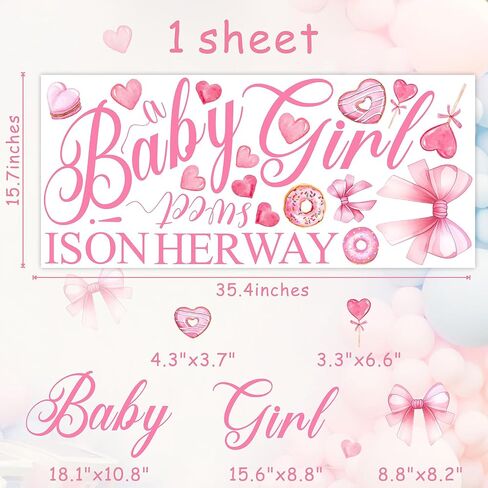 ملصقات لافتة لحفلات استقبال المولود الجديد Sweet Baby Girl is on Her Way مع زخارف على شكل فيونكة وردية على شكل قلب in Kuwait