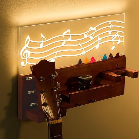 Light up Guitar Stand Wall Mount Wood Guitar Hanger Shelf with Pick Holder and 3 Hooks for Acoustic Electric Bass Ukulele Violin Guitar Gifts for Musicians Music Lovers Guitarist in Saudi Arabia