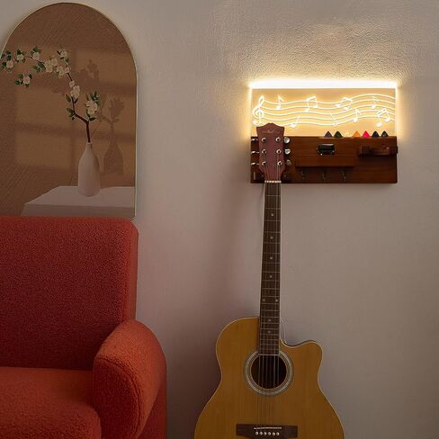 Light up Guitar Stand Wall Mount Wood Guitar Hanger Shelf with Pick Holder and 3 Hooks for Acoustic Electric Bass Ukulele Violin Guitar Gifts for Musicians Music Lovers Guitarist in Saudi Arabia