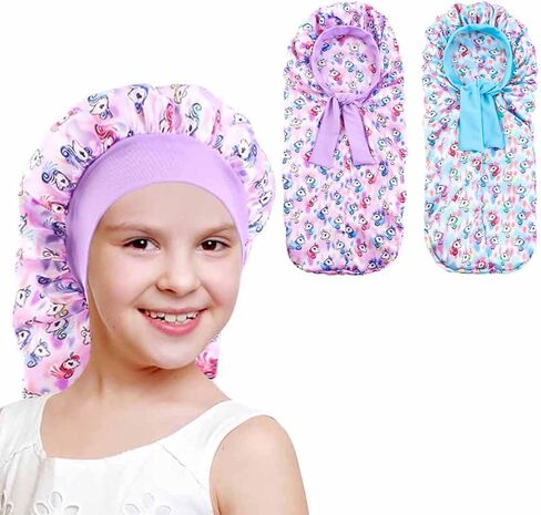2pcs فتيات يونيكورن الشعر بونيه للنوم ، غطاء ساتان طويل إضافي مع شريط ربطة عنق مرنة للأطفال ضفائر مجعد الشعر in Kuwait