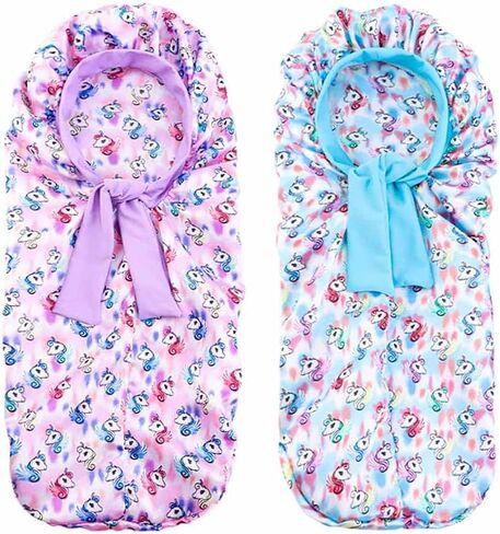 2pcs فتيات يونيكورن الشعر بونيه للنوم ، غطاء ساتان طويل إضافي مع شريط ربطة عنق مرنة للأطفال ضفائر مجعد الشعر in Kuwait