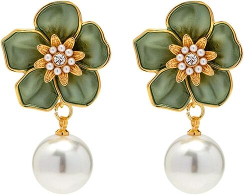Vintage Camellia Pearl Stud Earrings for Women Floral Pearl Drop Dangle Earrings for Women Bridal Party Jewelry in Kuwait