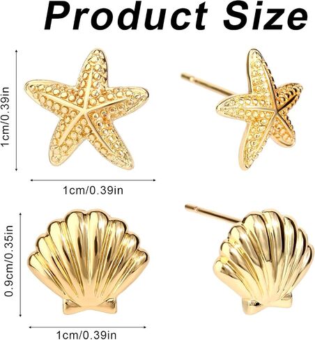 2 Pairs Gold Earrings for Women, Summer Beach Starfish Shell Stud Earrings Set Copper Material Dainty Ocean-Themed Jewelry Accessories for Summer Travel Vacation Daily Wear (Gold) in Saudi Arabia